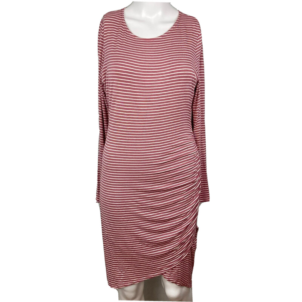 AJ My Amelia James Dress Womens‎ Sz L Pink White Striped Knit Ruched Bodycon